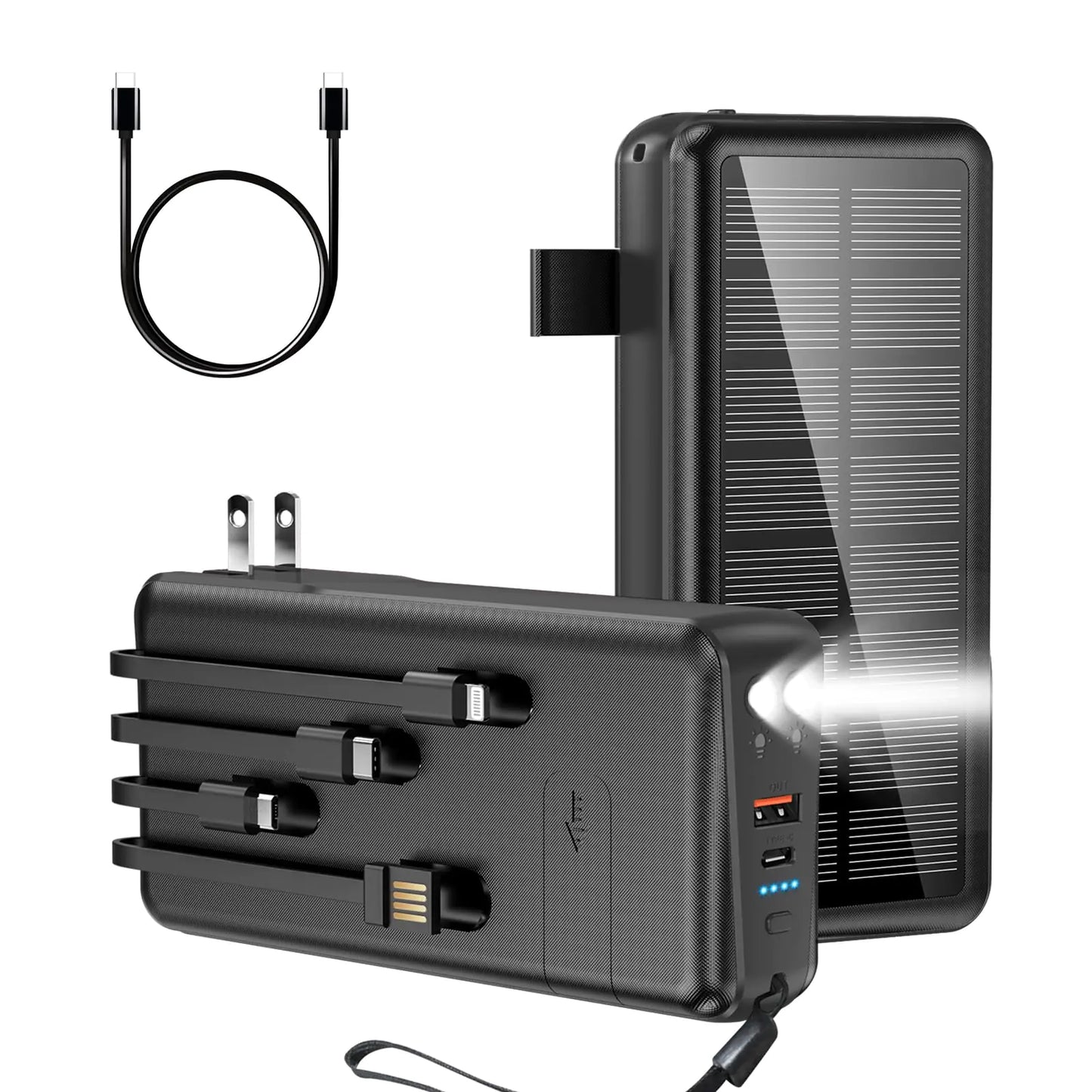 boogostore 50000mAh Solar Fast-Charge Power Bank with Integrated Cable & Wall Plug